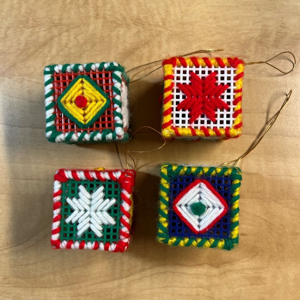 4 Vintage Handmade Plastic Canvas Christmas Block Ornaments